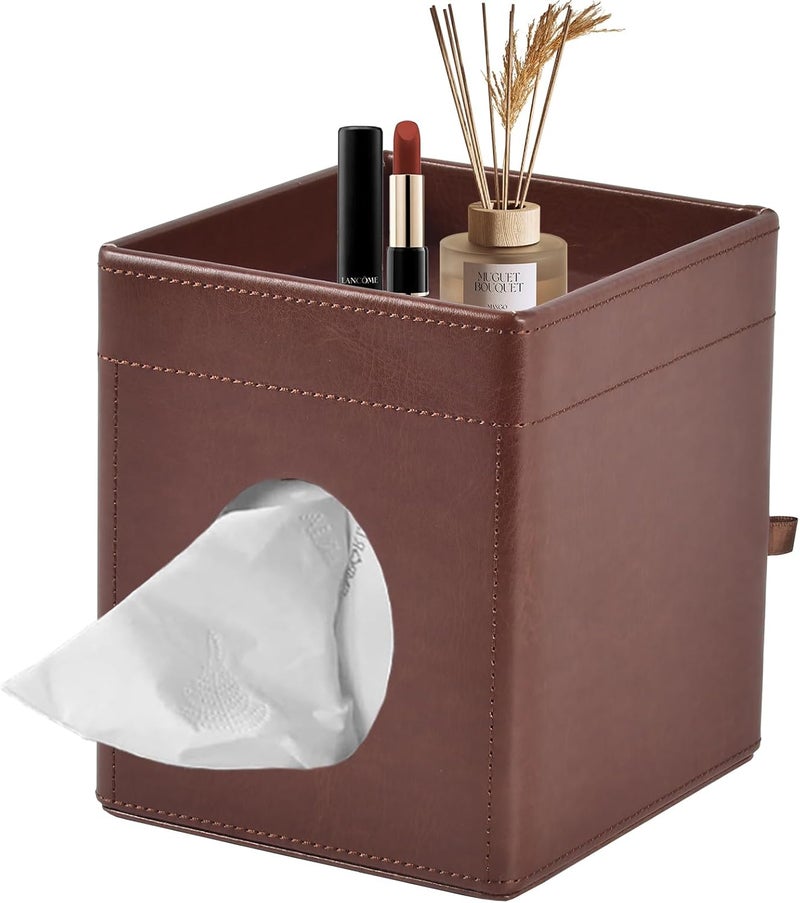 XNONE Tissue Box Cover Square Tissue Box Holder PU Leather Facial Tissues Organizer with Storage Tray for Bathroom Vanity Bedroom Office Car,Stylish Napkin Caddy Decorative Organizer (Brown) - Image 1